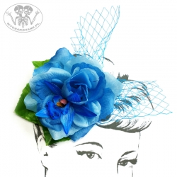 Retro Fascynator Błękitne Kwiaty z Woalką Kwiaty do Włosów Pin-up